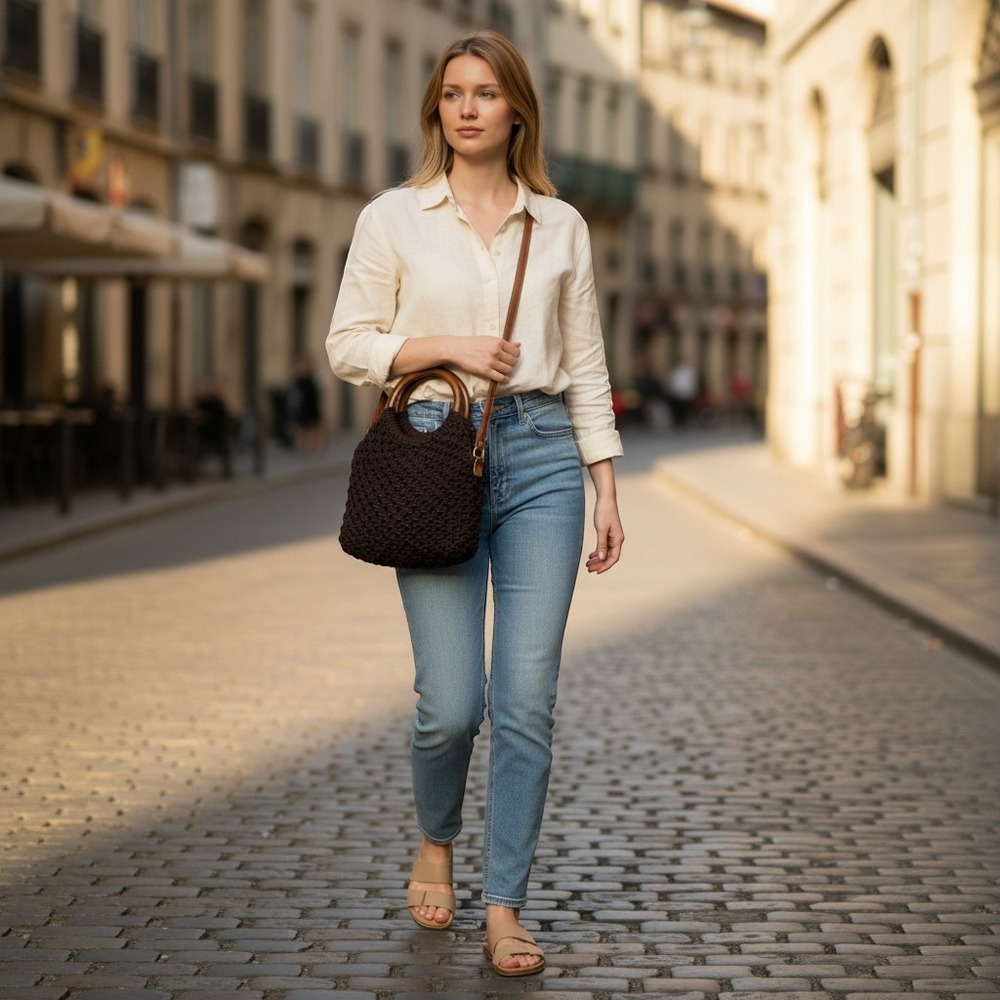 Sigrid Olsen Espresso Macramé Tote Bag Wood‎ Handles Crossbody Strap Beach Boho
